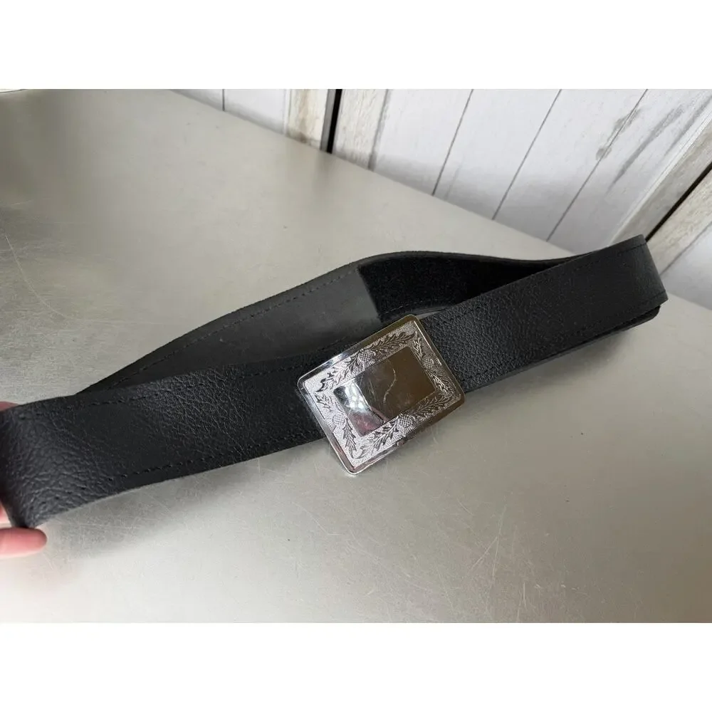 Black KILT Leather BELT SCOTTISH THISTLE SILVER BUCKLE Size Large XL Highland